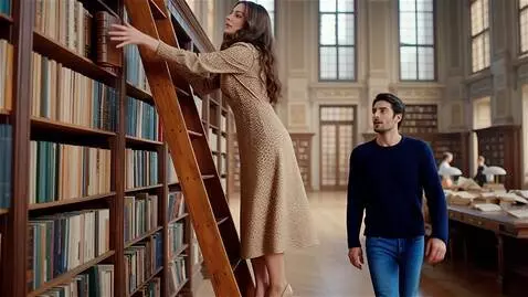 AI Video from prompt: В огромной библиотеке с высокими стеллажи, полны