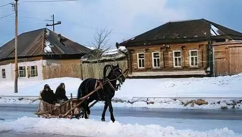 AI Video from prompt: A horse walks along the road, pulling a sleigh w