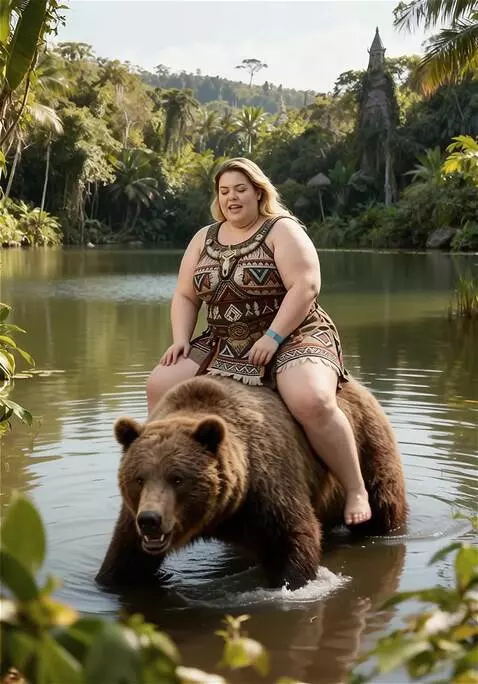 AI Video from prompt: zena jase na medvedu. medved je jedva nosi