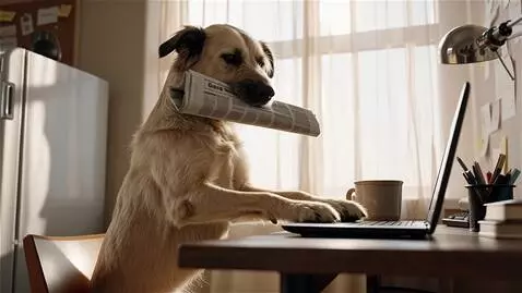 AI Video from prompt: The dog repeats its owner's morning rituals: pou