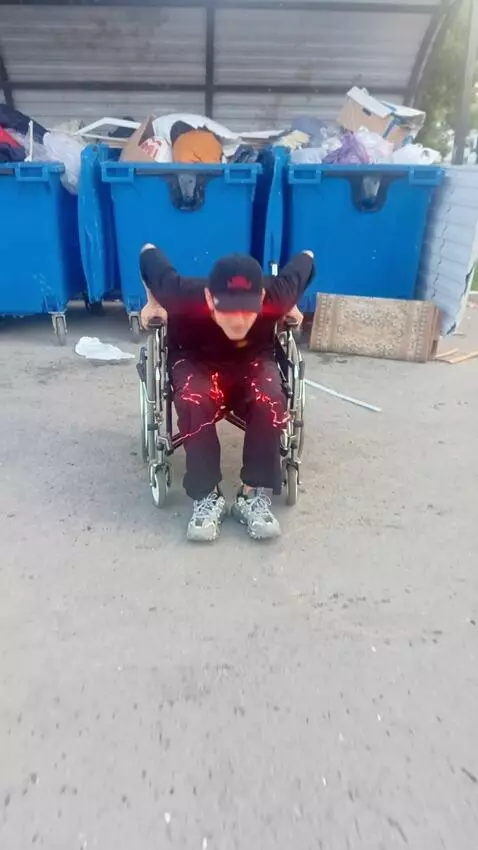 AI Video from prompt: The guy gets up from his wheelchair. He starts v