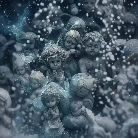 AI Video from prompt: Angels of stone starting to get frozen as partic