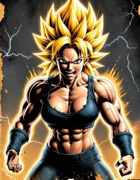 AI Video from prompt: Super Sayian muscular, holds red lightning ball,