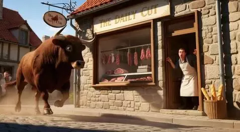 AI Video from prompt: Бык вбегает в магазин и крушит все