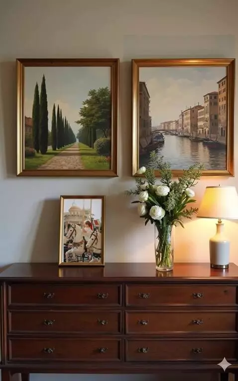 AI Video from prompt: Dark-wood dresser against the wall. On top: a ph