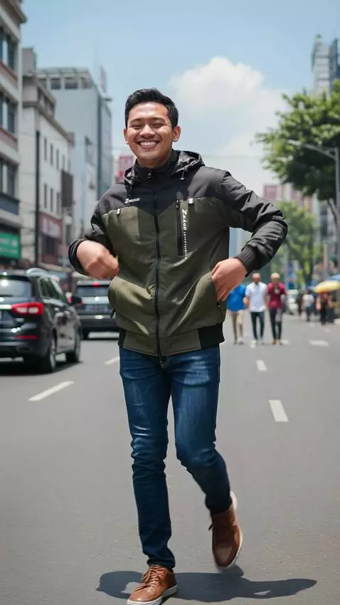 AI Video from prompt: Buat model ini berjalan ke arah dengan tenang da