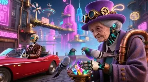 AI Video from prompt: An electronic cyber granny feeds cyber pigeons w
