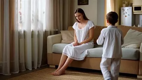 AI Video from prompt: Девушка сидит на краю дивана в ночнушке, подходи