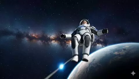 AI Video from prompt: Динамичная сцена: рвётся трос, которым астронавт