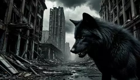 AI Video from prompt: Black werewolf looks down and becomes very scare