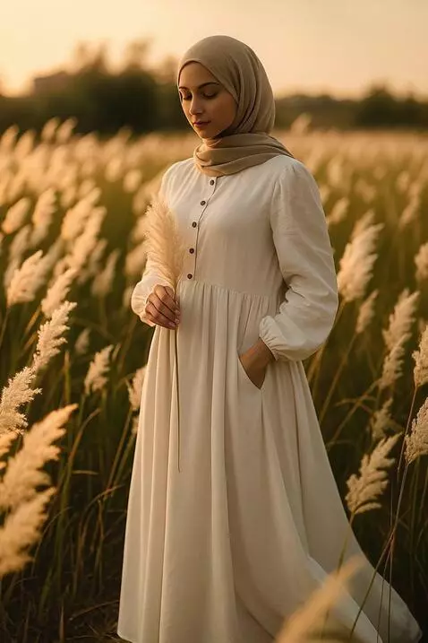 AI Video from prompt: Seorang wanita berhijab dengan gaun berwarna kre