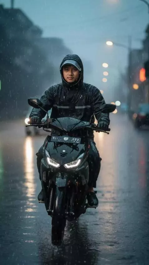 AI Video from prompt: Pria muda, pengendara motor. Berkendara di hujan