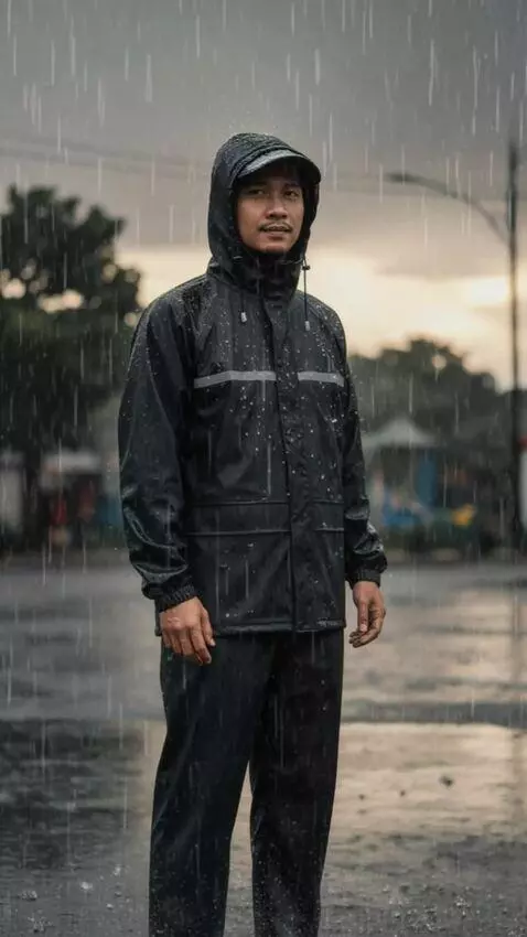 AI Video from prompt: Pria dewasa, memakai jas hujan. Berdiri tenang d