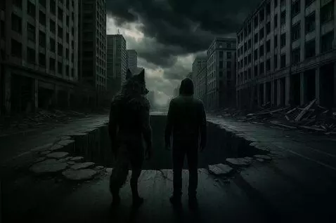 AI Video from prompt: Man and werewolf stand before the hole in silenc