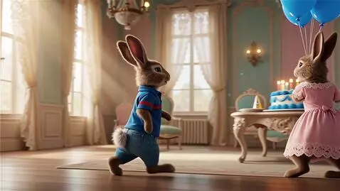 AI Video from prompt: Милый пушистый заяц на задних лапах Он в голубых