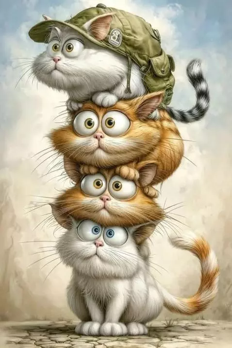 AI Video from prompt: Четыре кота с разным окрасом и выражениями лиц с