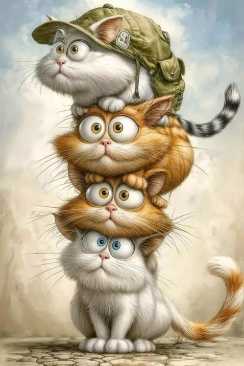 AI Video from prompt: Четыре кота с разным окрасом и выражениями лиц с