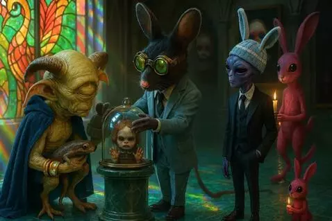 AI Video from prompt: The rabbit walks forward. The alien lift the gla