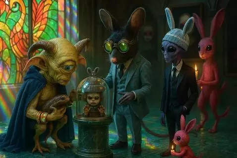 AI Video from prompt: The rabbit walks forward. The alien lift the gla