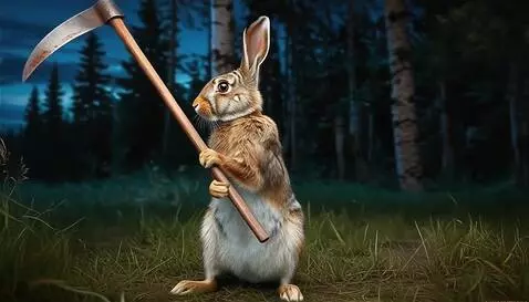 AI Video from prompt: заяц начинает косить траву косой, камера облетае