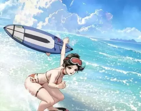 AI Video from prompt: A woman hops on a surfboard and paddles toward t