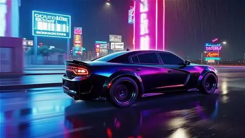 AI Video from prompt: Low drone skims above the Charger's rakish roofl