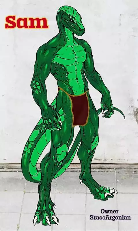 AI Video from prompt: Lizard dude stands proud smile looking around po