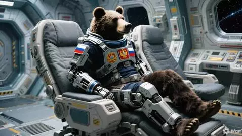 AI Video from prompt: Боевой медведь в экзоскелете встаёт с кресла и и