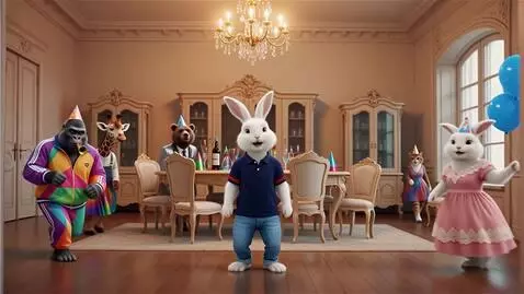 AI Video from prompt: Милый пушистый заяц на задних лапах Он в голубых