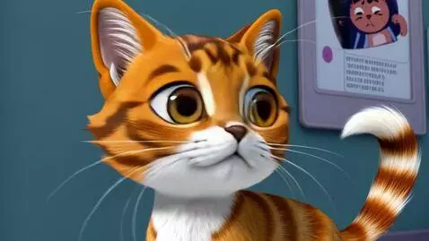 AI Video from prompt: Рыжий кот мечтательно смотрит на постер (или илл