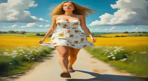 AI Video from prompt: Blonde plump woman dressed in summer flowers wal