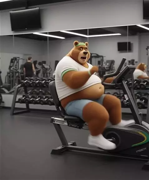 AI Video from prompt: An anthropomorphic fat bear pedals an exercise b