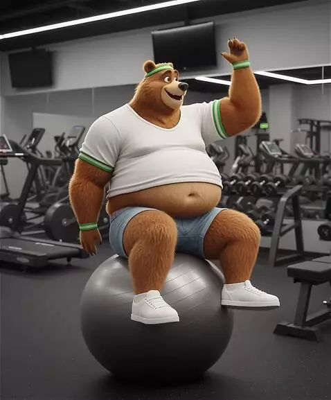 AI Video from prompt: An anthropomorphic fat bear exercises on an exer