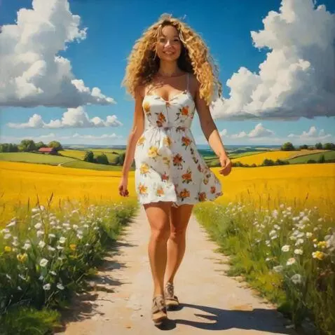 AI Video from prompt: Blonde plump woman dressed in summer flowers wal