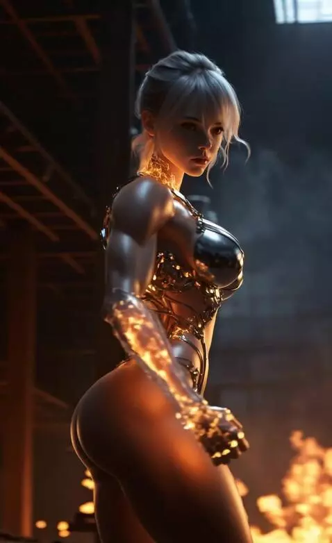AI Video from prompt: Turns around, clenches her fists, spews flames f