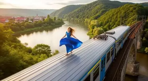 AI Video from prompt: Девушка танцует на крыше едущего поезда