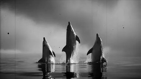 AI Video from prompt: Scene Description: Dolphins break the surface of