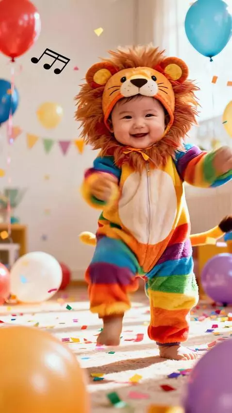AI Video from prompt: A cute baby dancing with an animal costume on, c
