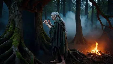 AI Video from prompt: The forest at night. The witch opens a nonexiste
