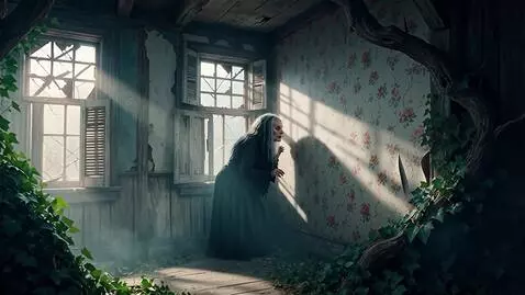 AI Video from prompt: An old house. The witch whispers to the wall - t