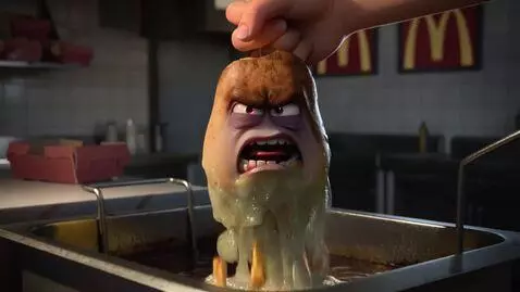 AI Video from prompt: A hyper-realistic 3D animated potato with a terr