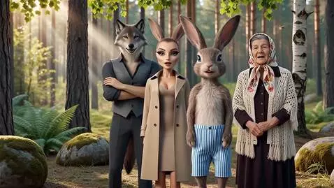 AI Video from prompt: лес,заяц одетый в шорты в полосочку ,зайчиха в о