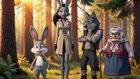 AI Video from prompt: лес,заяц одетый в шорты в полосочку ,зайчиха в о