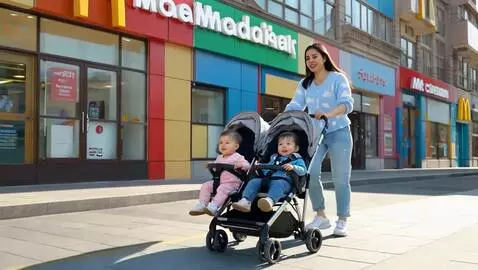 AI Video from prompt: cute young mom is happily walking down a sunny s