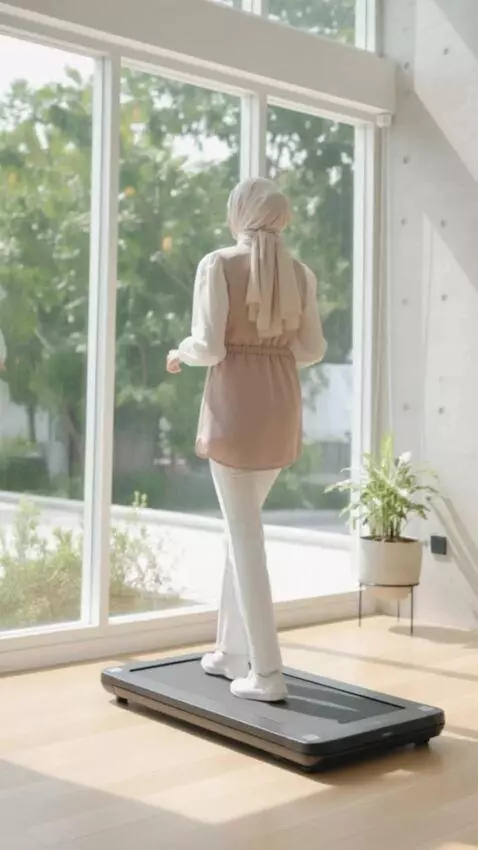 AI Video from prompt: Wanita berjalan santai diatas walking pad yang s