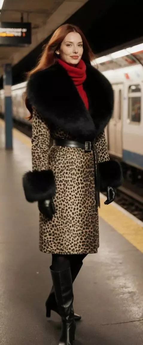 AI Video from prompt: POV,. A woman wearing a luxurious winter coat st