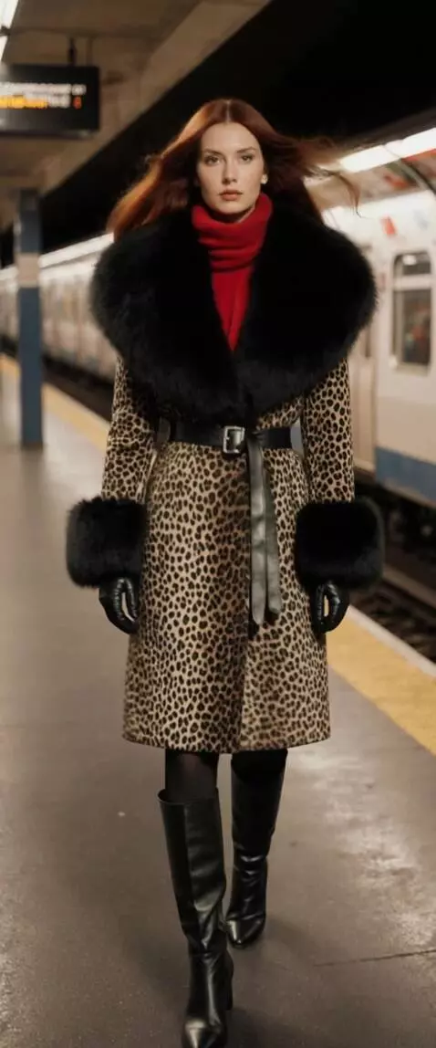 AI Video from prompt: POV. A woman wearing a luxurious winter coat sta