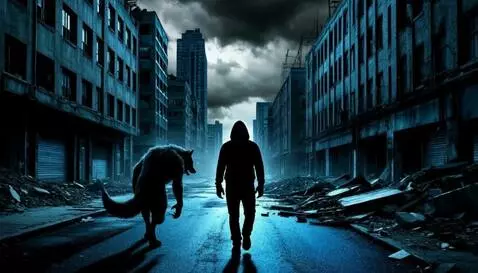 AI Video from prompt: Man and black werewolf walks towards street