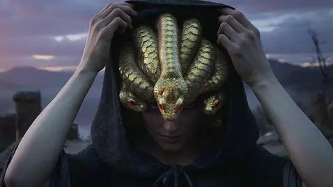AI Video from prompt: Medusa lowers her hooded cloak to reveal a head 