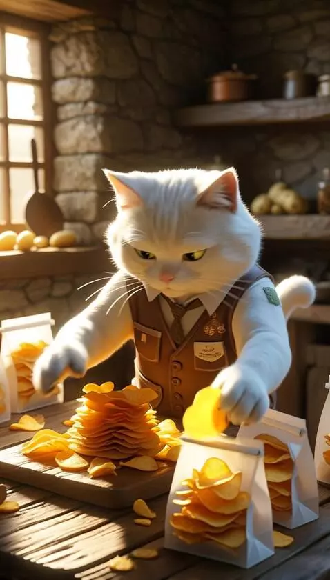 AI Video from prompt: The kitten puts the chips in a bag